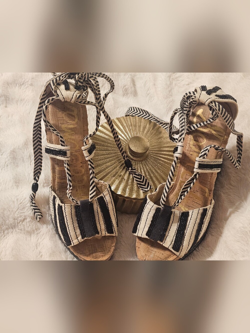 Striped Lace-Up Wedge Sandals - Black & White Beaded